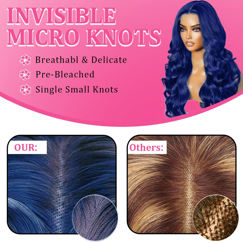 28 Inch Blue Wig Human Hair 13X6 Body Wave Lace Front Wigs Human Hair Blue Glueless Wear and Go Hd Full Lace Frontal Wig for Women 180% Density