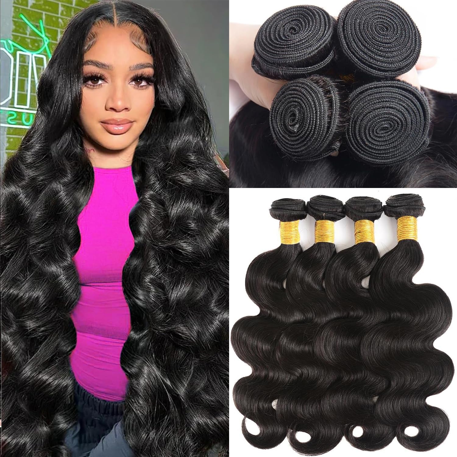 12A Human Hair Bundles 20 22 24 26 Inch Body Wave 100% Unprocessed Brazilian Virgin Hair 4 Bundles Human Hair Extensions Quick Weave Natural Black