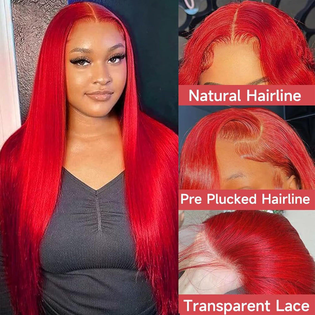 30 Inch Red Lace Front Wigs Human Hair Burgundy Red 13X4 HD Transparent Lace Straight Wig Human Hair for Black Women 180% Density Wear and Go Glueless Wig Human Hair Pre Plucked with Baby Hair