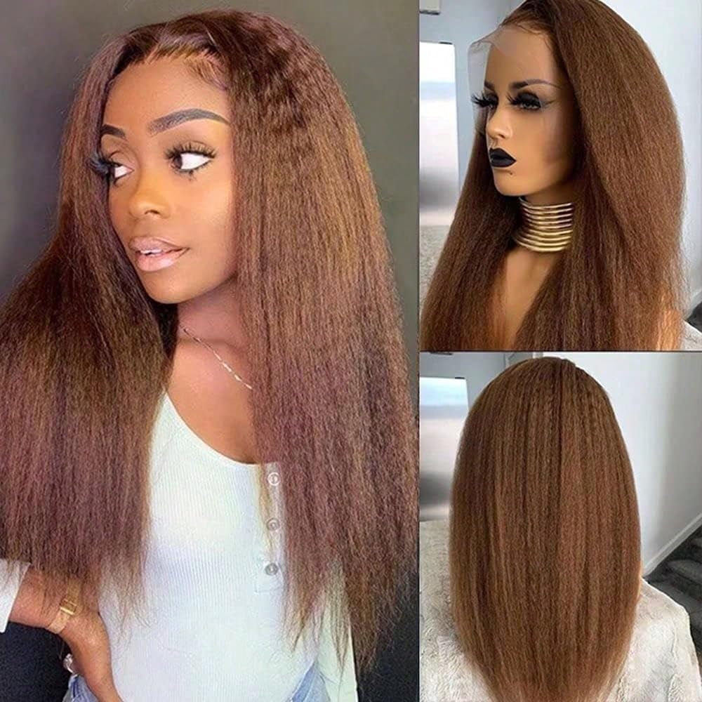 13X6 Chocolate Brown Kinky Straight Human Hair Wig for Women 180% Density HD Transparent Lace Front Wigs Pre Plucked with Babyhair Natural Hairline Yaki Straight Virgin Human Hair Frontal Wigs 28Inch