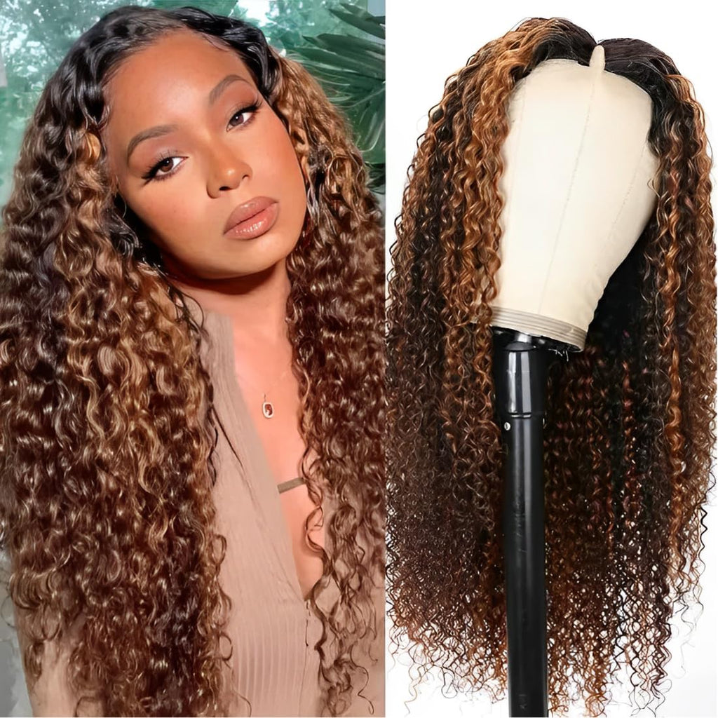 Curly V Part Wigs Human Hair Balayage Brown Highlight Clip in Upgrade U Part Wig No Leave Out Wear Go Glueless Human Hair Wig Beginner Friendly 18 Inch