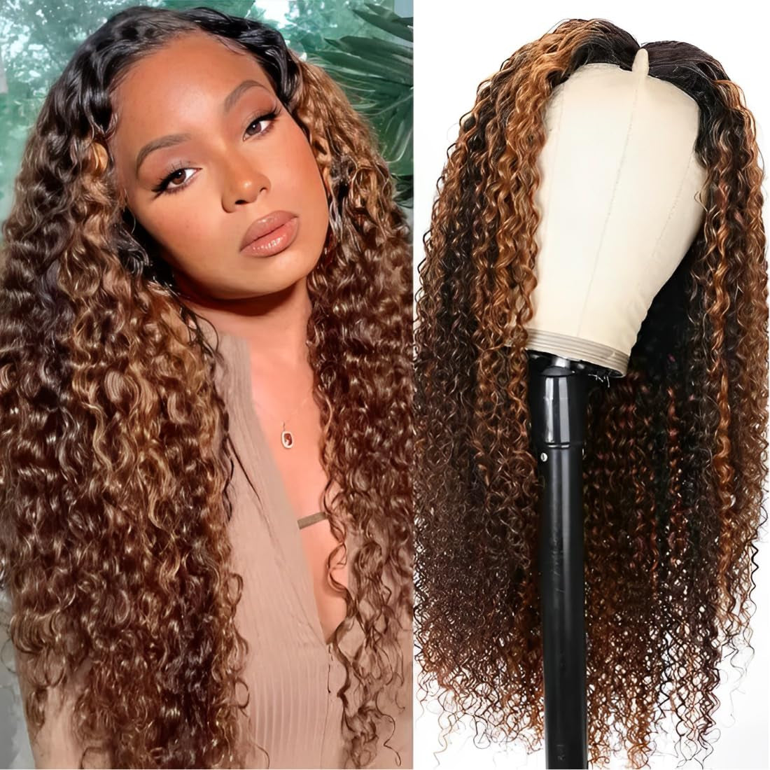 Curly V Part Wigs Human Hair Balayage Brown Highlight Clip in Upgrade U Part Wig No Leave Out Wear Go Glueless Human Hair Wig Beginner Friendly 18 Inch